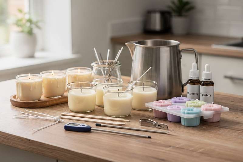 Budget-friendly candle making kit displayed with wax, wicks, and fragrance supplies for beginners.