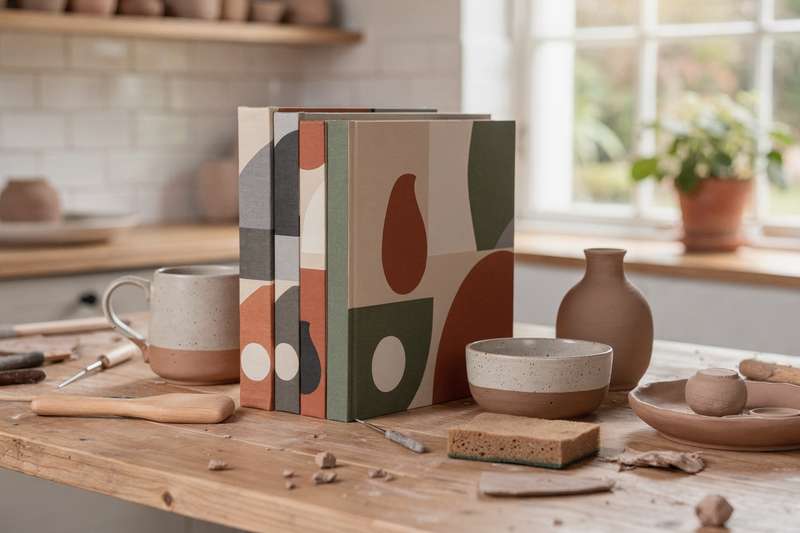 Curated collection of pottery technique books and ceramic reference guides arranged on a shelf.