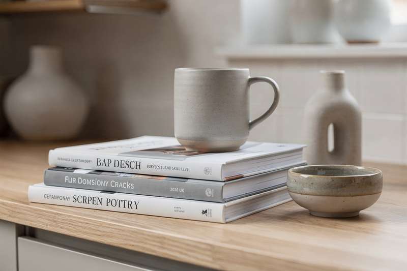 Pottery and ceramics reference books arranged on a shelf displaying various skill levels and techniques.