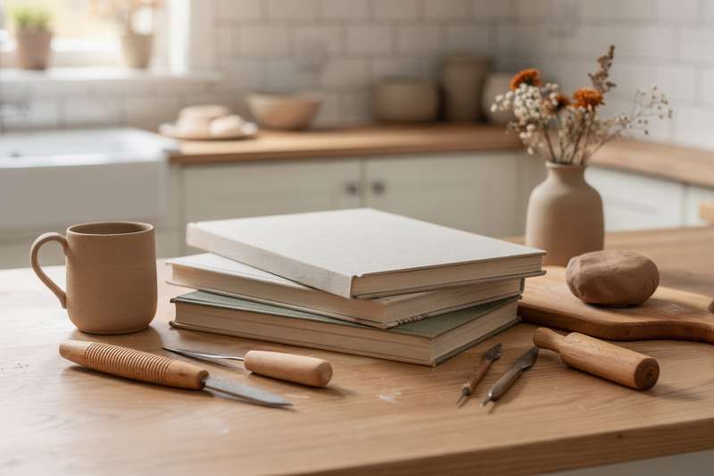 Beginner-friendly pottery reference books arranged on a wooden shelf for learning ceramic techniques.