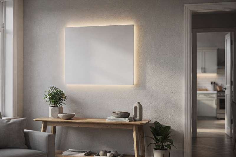 Illuminated wall art installation featuring LED backlighting in a modern UK living room setting.