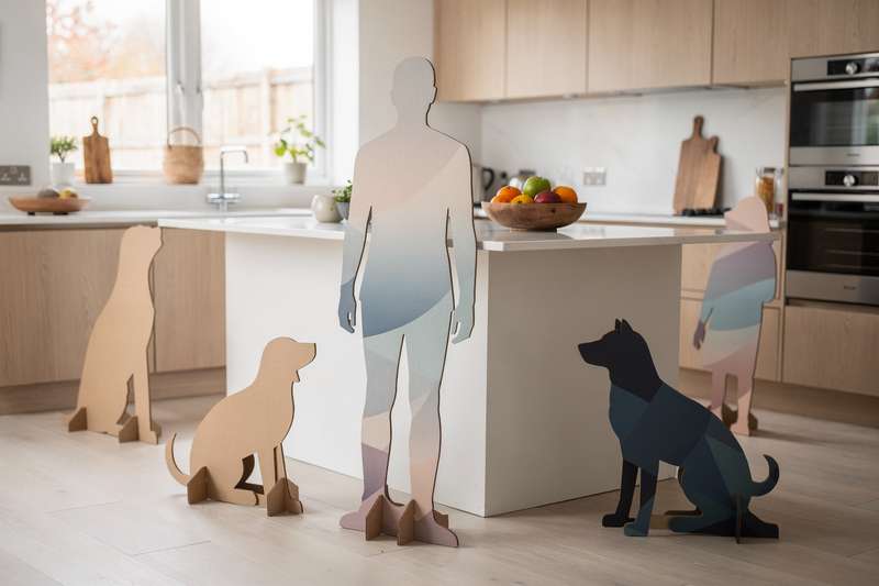 Cardboard cutouts displayed in various styles and sizes for themed parties and events.