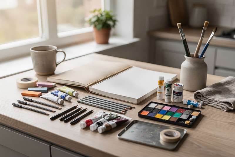 Affordable mixed media art materials and tools arranged on a work table for budget-conscious UK artists.