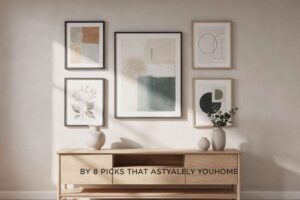 Colorful abstract and landscape paintings displayed in modern living room settings with neutral walls and furniture.