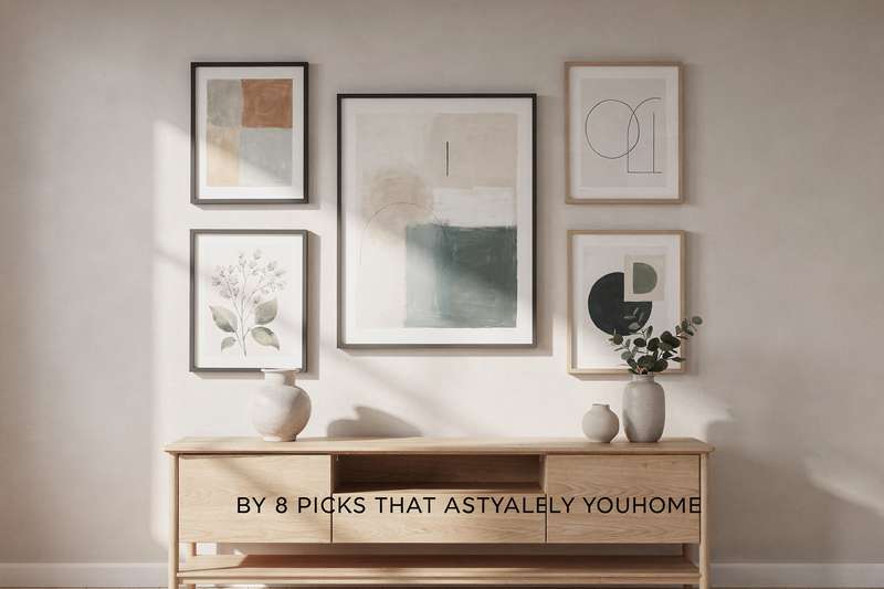 Colorful abstract and landscape paintings displayed in modern living room settings with neutral walls and furniture.