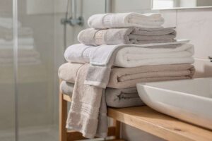 Luxurious folded towel sets in neutral colors arranged on a bathroom shelf.