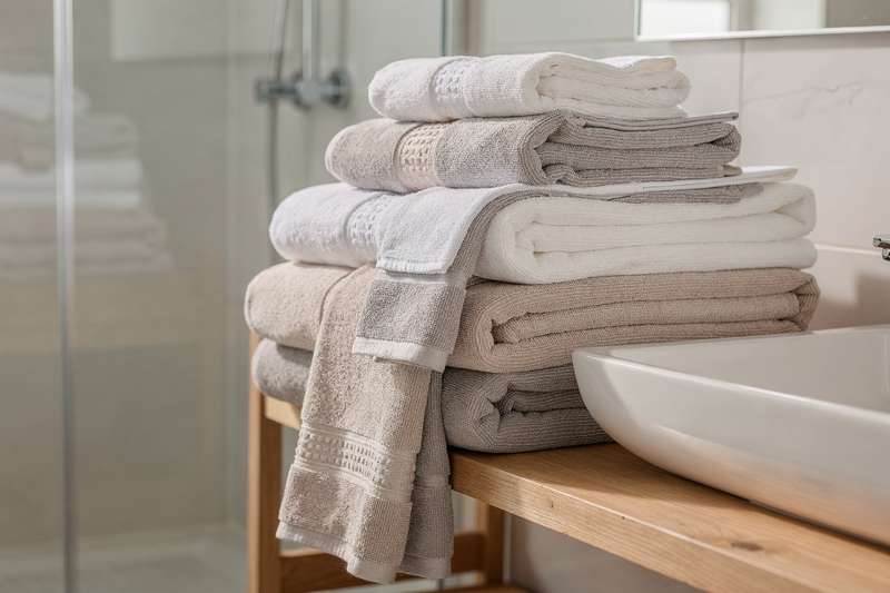 Luxurious folded towel sets in neutral colors arranged on a bathroom shelf.