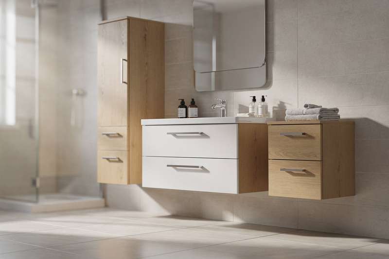 Modern bathroom vanity with integrated storage and mirror mounted above white subway tile wall.