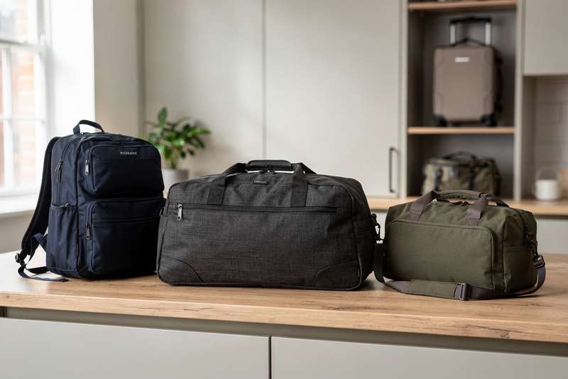 Assorted gym and sports bags displayed with various equipment and travel essentials.