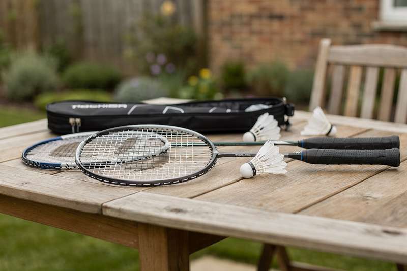 Professional and recreational badminton rackets displayed with shuttlecocks and carrying cases on a court.