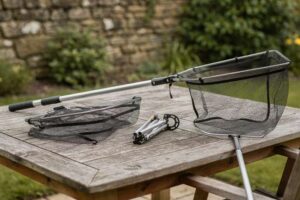 Selection of affordable fishing nets displayed with price tags showing budget-friendly options for UK anglers.