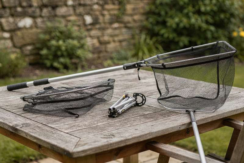 Selection of affordable fishing nets displayed with price tags showing budget-friendly options for UK anglers.