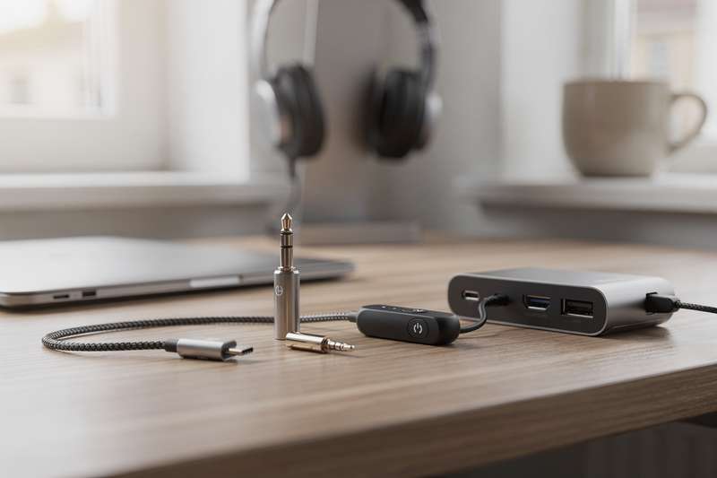 USB-C and 3.5mm audio adapter connectors displayed for smartphone and computer compatibility.