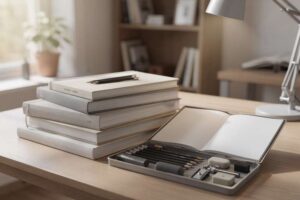 Selection of professional art sketchbooks, drawing kits, and instructional books arranged for UK artists.