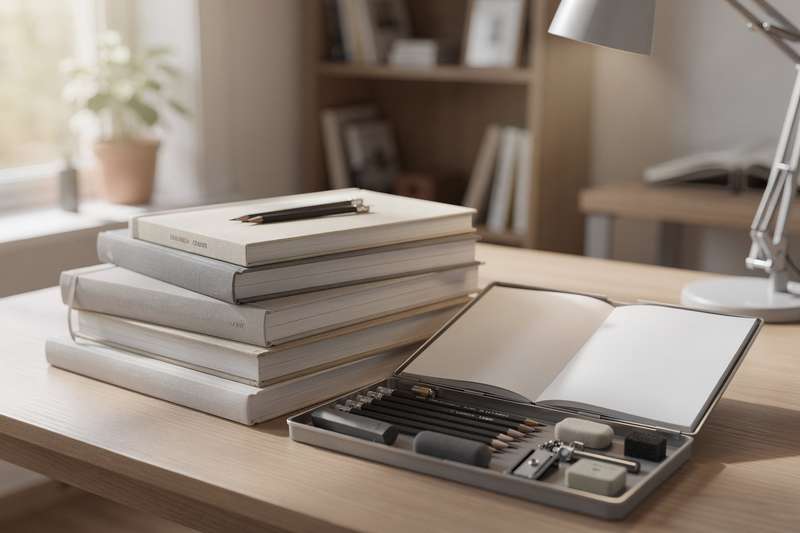 Selection of professional art sketchbooks, drawing kits, and instructional books arranged for UK artists.