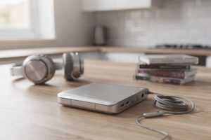 Portable CD player with headphones displayed on a modern desk setup.