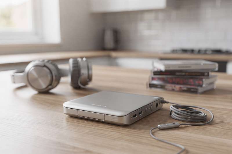 Portable CD player with headphones displayed on a modern desk setup.