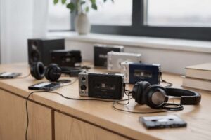 Compact cassette players displayed with headphones and vintage tapes on a wooden surface.