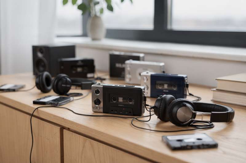 Compact cassette players displayed with headphones and vintage tapes on a wooden surface.