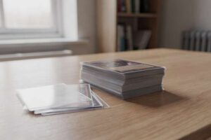 Premium protective sleeves arranged to display various sizes and materials for card collection storage.