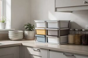 Organized kitchen shelving with labeled storage containers, baskets, and drawer dividers for efficient home organization.