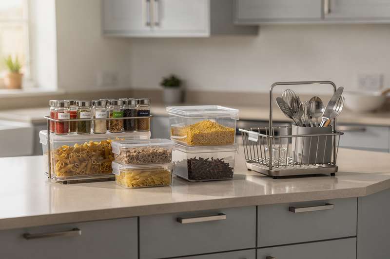 Organized kitchen cabinets and drawers with labeled containers and storage solutions for British homes.