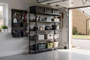 Organized garage interior with wall-mounted shelving units and metal racking systems storing tools and equipment.