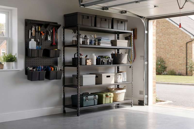 Organized garage interior with wall-mounted shelving units and metal racking systems storing tools and equipment.