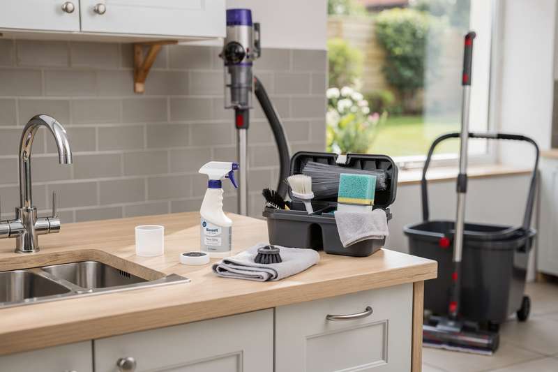Essential household cleaning equipment arranged on a white surface for effective home maintenance.