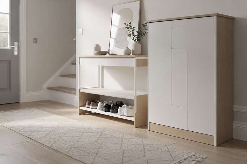 Stylish console table with shoe storage and decorative accessories arranged in a bright hallway entryway.