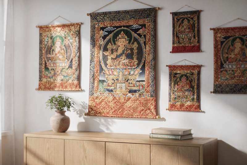 Colorful Tibetan thangka paintings displayed on a living room wall with traditional Buddhist artwork and decorative designs.