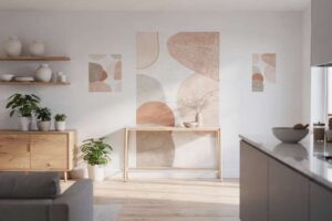Contemporary wall mural designs displayed in modern UK living room settings.