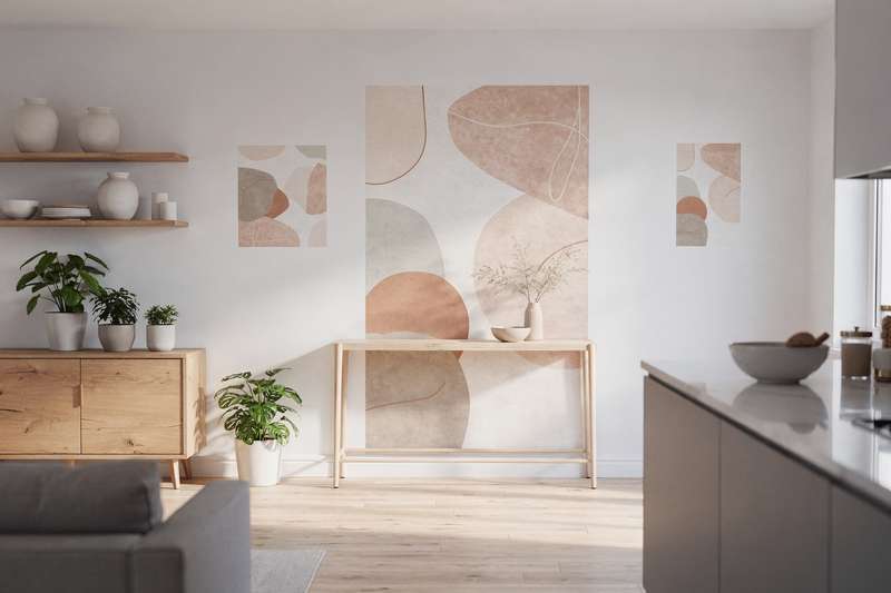 Contemporary wall mural designs displayed in modern UK living room settings.