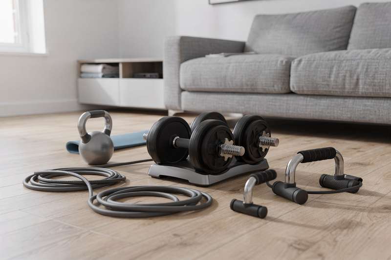 Dumbbells, resistance bands, and kettlebells arranged on a home gym floor for strength training.