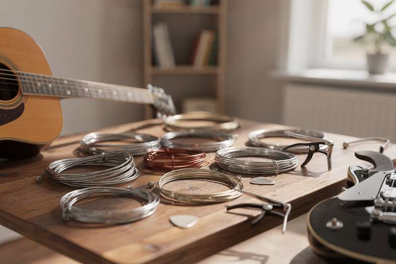 Assorted guitar strings arranged by gauge and material type for different musical styles.