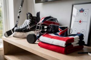 Ice hockey equipment and merchandise displayed on a wooden surface for gift selection.