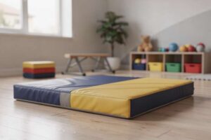 Colorful foam crash pads arranged in a gym setting for children's sensory play and martial arts practice.