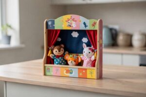 Colorful hand puppets and a wooden puppet theatre stage set up for children's entertainment and play.