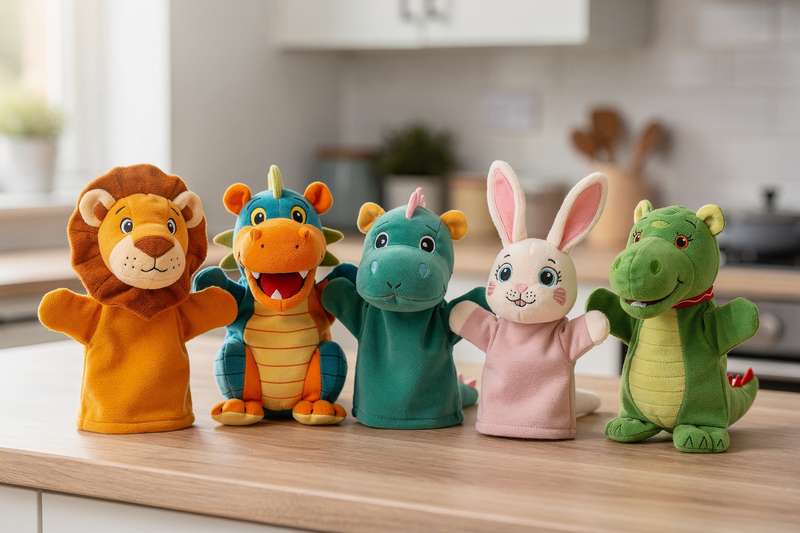 Colourful fabric hand puppets displayed in a row for children's imaginative play and storytelling.
