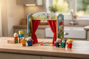 Colorful wooden puppet theatre stage with hand puppets displayed for children's entertainment and play.