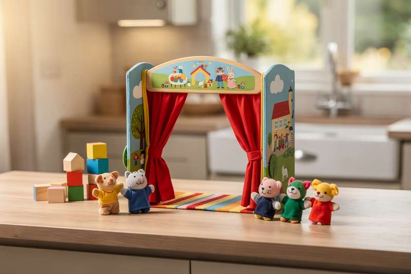 Colorful wooden puppet theatre stage with hand puppets displayed for children's entertainment and play.