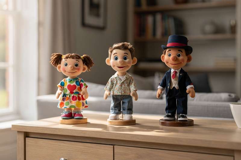 Assorted ventriloquist puppets displayed showing different styles suitable for beginners and professional performers.
