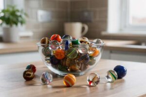 Collection of colorful glass and stone marbles displayed for children's games and collector enthusiasts.