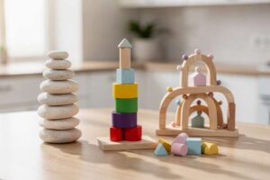 Family playing colorful wooden stacking game together on living room floor.