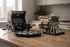 Popular arcade and table games displayed in a home entertainment space setup.