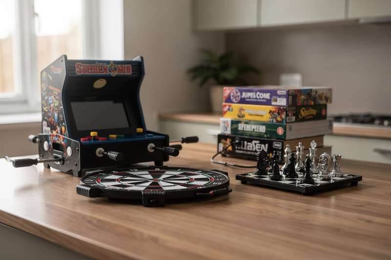 Popular arcade and table games displayed in a home entertainment space setup.