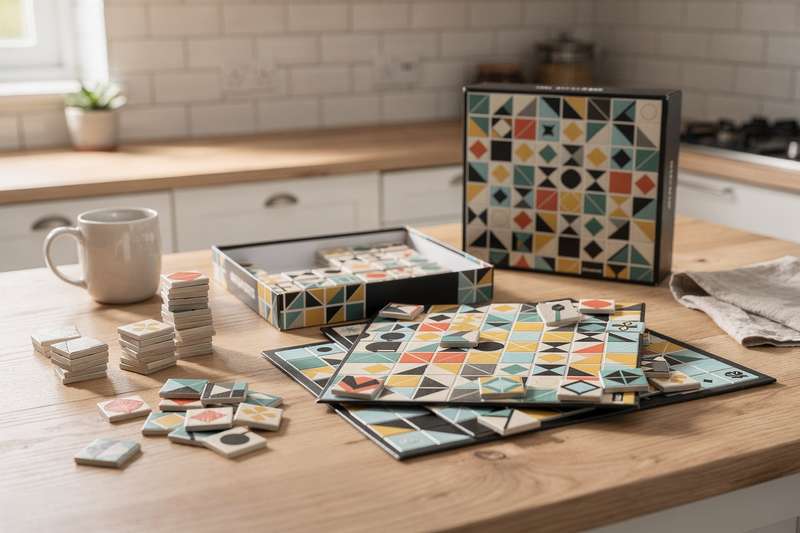 Colorful board games with tiles and game pieces arranged on a wooden table during family game night.
