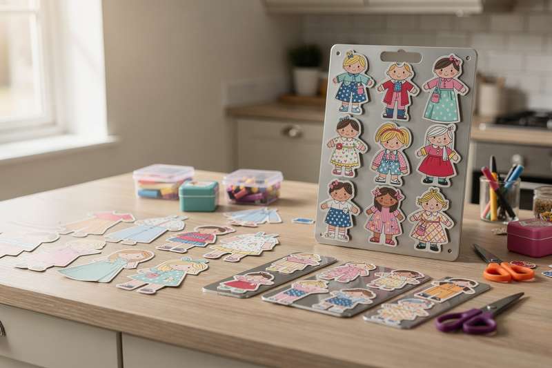 Colorful paper and magnetic doll sets displayed with various outfits and accessories for children's creative play.