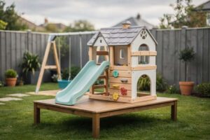 Popular children's playsets displayed in a garden setting with climbing frames and slides.