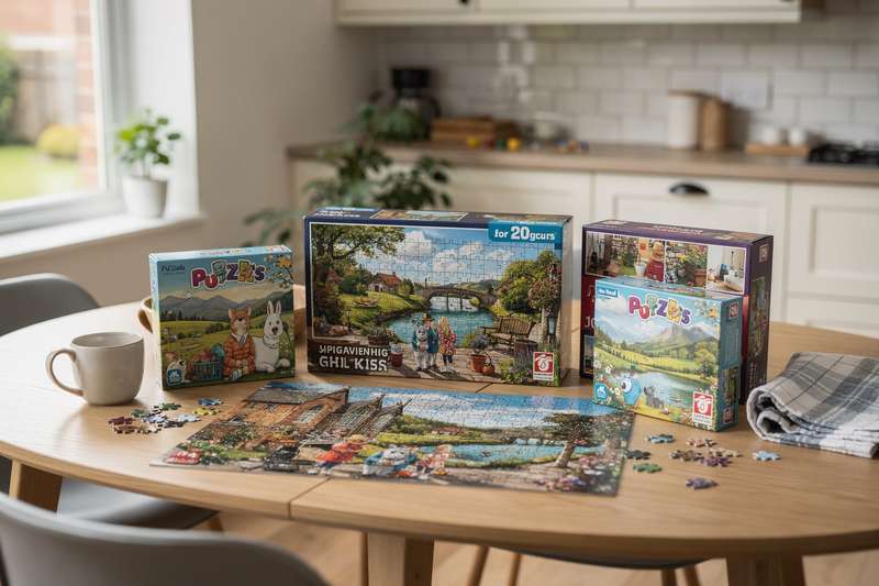 Colorful jigsaw puzzle pieces scattered on a table showing various difficulty levels suitable for family entertainment.